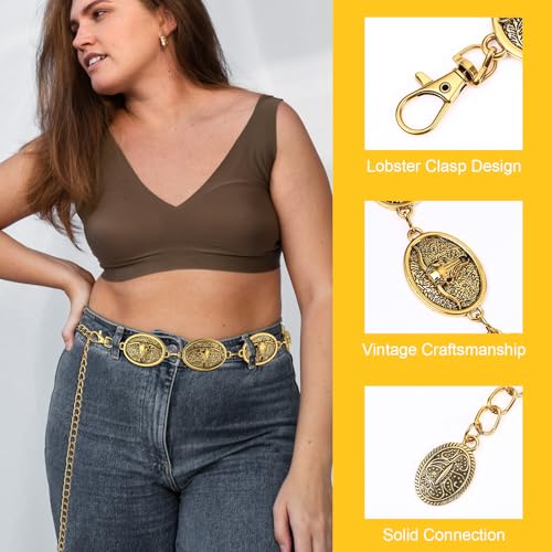 Western Metal Concho Belt for Women Oval Cowgirl Chain Belts Waist Chain Link Belt Boho Turquoise Belts for Dresses Jeans Country Concert Outfit3