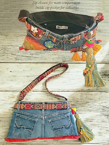 Image of The House of tara Upcycled Denim Sling Bag for Women | Cross Body Bag With Medium Size Compartment, Adjustable Strap | Embellished Shoulder Bag Suitable for College & Travel (Denim Blue)