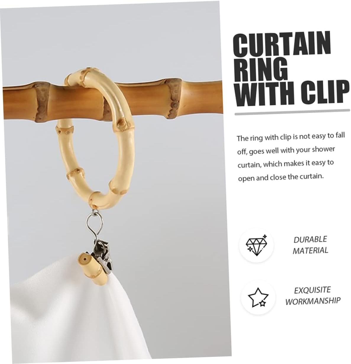 Cabilock 6pcs Sturdy Bamboo Shower Curtain Rings Clips Drapery Hooks for Pleated Drapes