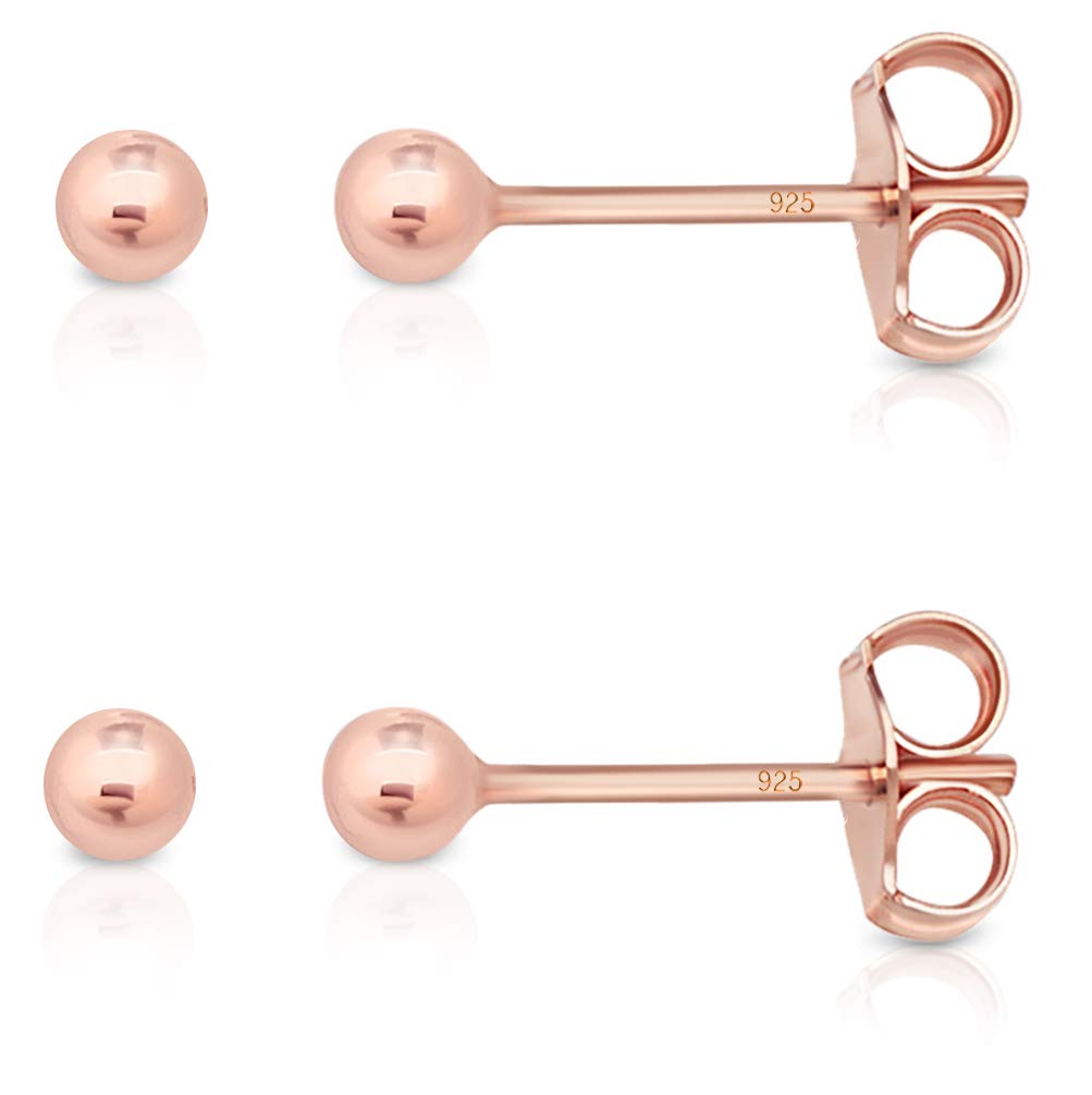 DTPsilverPack de 2 Pares de Pendientes Bola Plata de Ley 925, Chapados en Oro Amarillo o Rosa - Pendientes Bolitas Pequeñas - Pendientes Mujer Pequeños - Diámetro Bola 2 mm