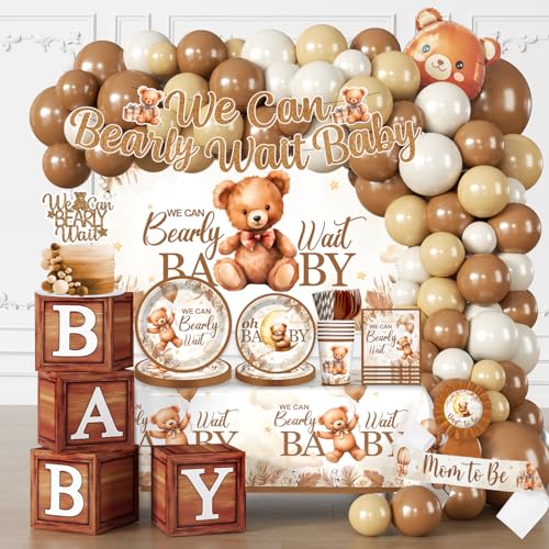 249 Pcs Bearly Wait Baby Shower Decorations, Brown Netural Balloon Arch Kit We Can Barely Wait Banner Plates and Napkin Set with Tablecloth Bear Baby Shower Decorations Brown