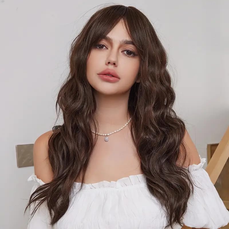 Image of Long Wavy Brown Wig with Bangs for Women | Full Head Synthetic Hair Wig | (Pack of 1) WigCap & Comb | Washable | Natural Looking Hair Loss Solution Alopecia Hair Wigs