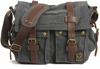 Axelväska för män Canvas, Messenger Bag med läder och tyg, Retro vintage stil för sport och utomhus 36cm X 27cm X 11cm，