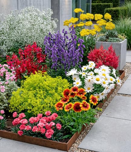 BALDUR Garten 9er Set Bunter Staudengarten Pflanzen im 7x7 cm-Topf Staudenbeet rote Astilbe weißes Schleierkraut Kokardenblume Glockenblume rosa Federnelke Frauenmantel roter Bartfaden etc.