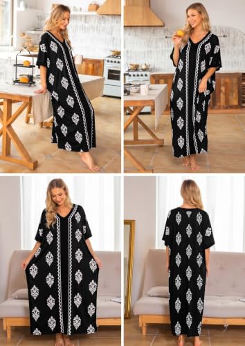 Image of Bloggerlove Women Nightgowns Cotton Caftan House Dress Short Sleeve Sleepwear Vacation Beach Moo Moos Dress with Pockets