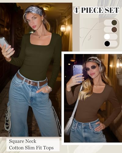 Riyiper 4 Pack Women's Square Neck Long Sleeve Tops Going Out Slim Fit Cotton Shirts Tight Layer Basic Tee 2025 Fall3