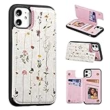 UEEBAI Wallet Case for iPhone 11 with Card Holders, PU Leather Cover Kickstand RFID Blocking Double Magnetic Clasp Rilievo Flower Shockproof Flip Case for Women Girls - Tree Vine