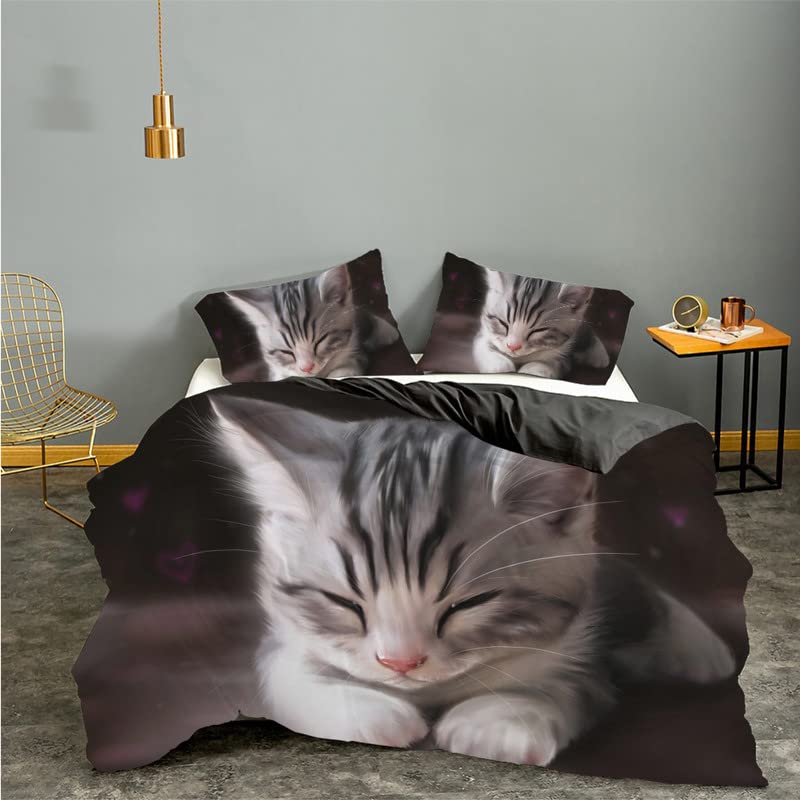 Housse de couette 160x200 chat noir en microfibre premium 110g/㎡