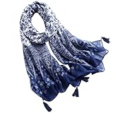 MOBUTOFU Baumwollschal Damen lang mit Fransen Blau Weißes Dreieckstuch für Alltag und Büro Leichter Sonnenschutz