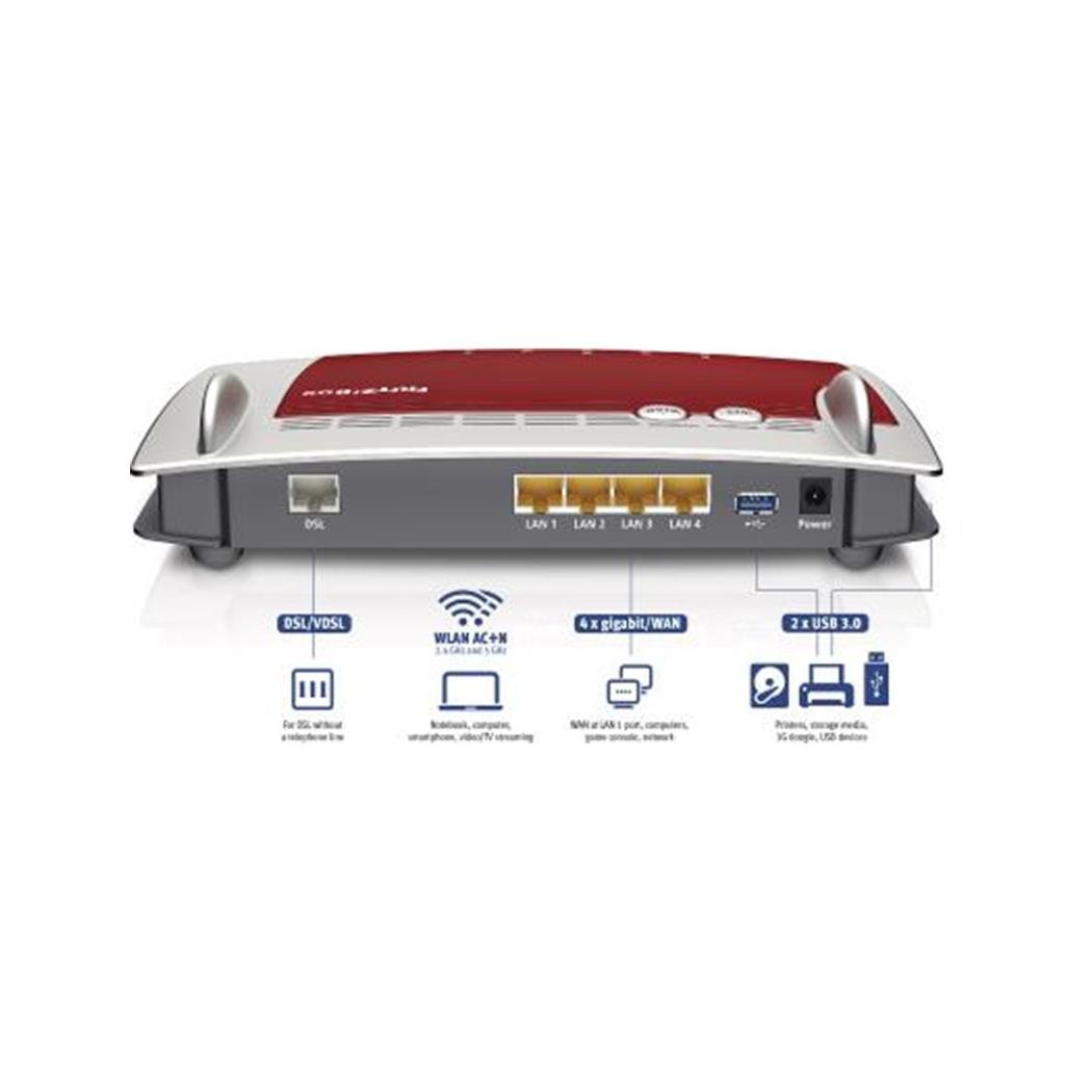AVM FRITZ! Box 3490 International Modem Router Wireless, AC1750 Dual Band, ADSL2+, Fibra (VDSL), 4 LAN Gigabit, Modalità Router con WAN in LAN 1, 2 USB 3.0, Software e Istruzioni in Italiano