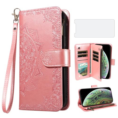 Étui portefeuille iPhone Xs Max Asuwish avec protège-écran verre trempé et porte-carte fleur