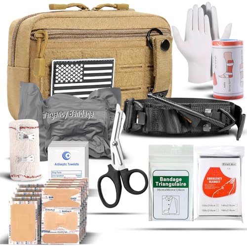 Kit de Primeros Auxilios IFAK con Torniquete, Vendaje Israelí de 10 Cm, Vendajes Elásticos, Juego de 34 Piezas Botiquín Táctico de Primeros Auxilios for Coche, Camping, Senderismo Y Viajes.(Brown)