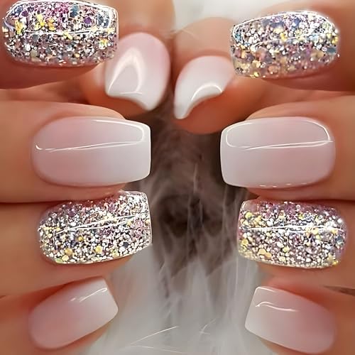 24 Pcs Silver Glitter Press on Nails - Short, Square, Translucent...