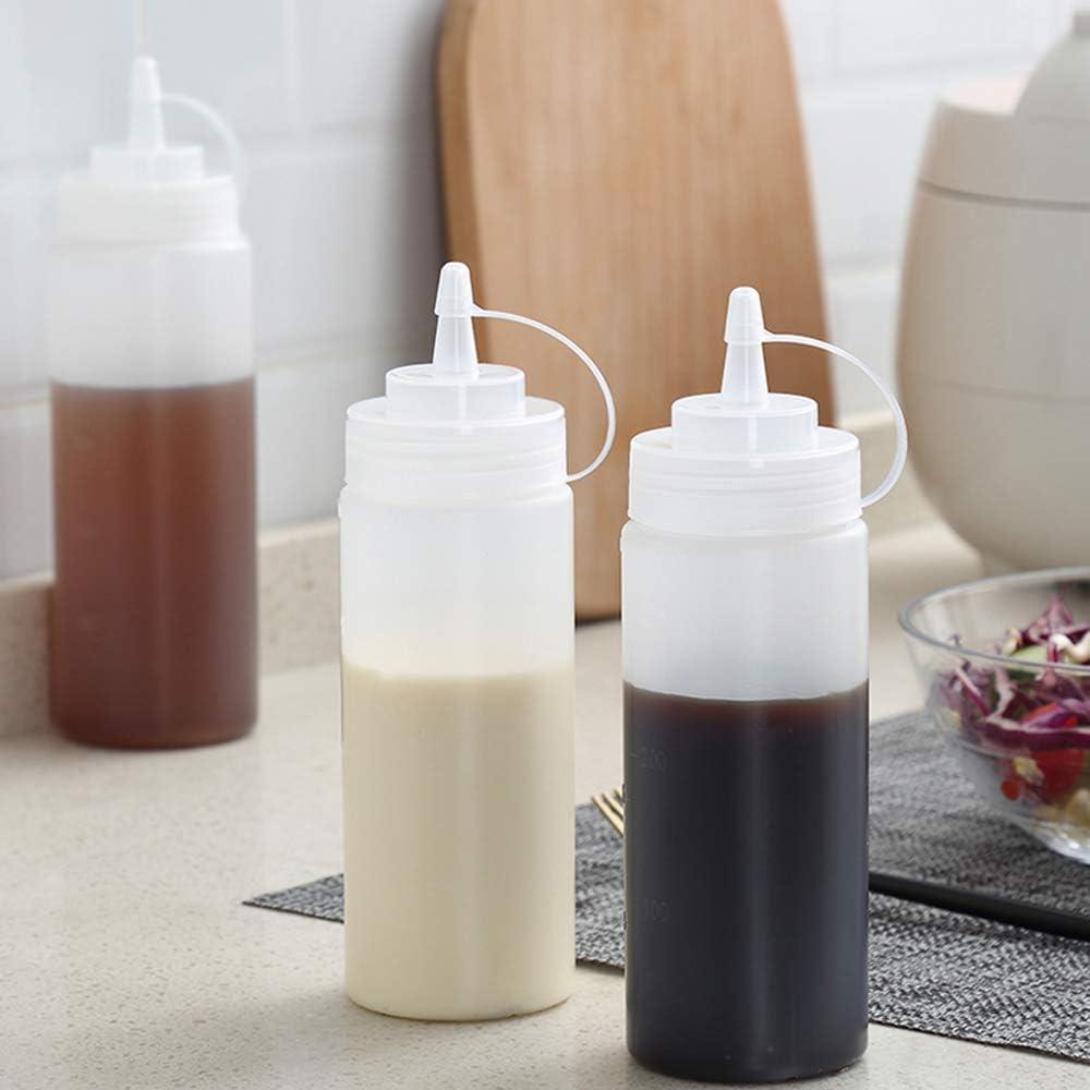 OJYUDD 8 Pcs 16oz Plastic Condiment Squeeze Bottles,Plastic Squeeze Squirt Bottle with Twist On Cap Lids and Discrete Measurements for Sauce,Ketchup,Condiments,Grilling,Syrup and More