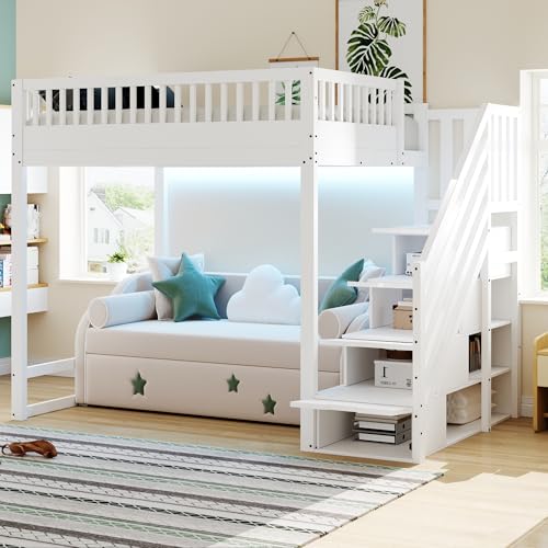Letto a soppalco in legno massello 140x200 cm,con luce LED e scaletta portaoggetti,Letto per bambini,Scaletta di sicurezza intercambiabile su entrambi i lati,Con ringhiera, Bianco (Sans materasso)