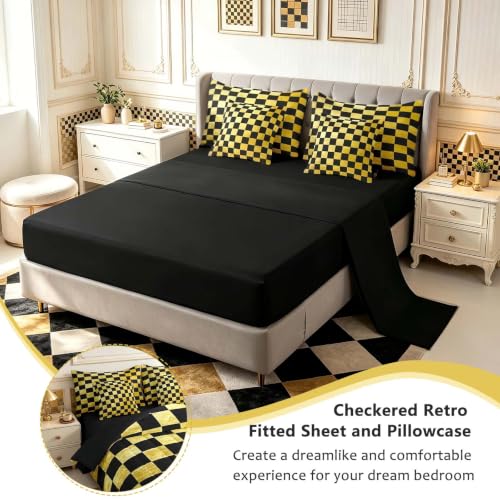 Image of Checkered Retro Comforter Set With Sheets 7 Piece Twin Size Golden Black Plaid Bed in a Bag Kids Boys Girls Geometric Vintage Bedding Set Modern Simple Groovy Aesthetic Bedroom Decor Breathable Soft