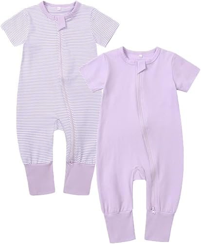 BeiVSlley Paquete de 2 mamelucos de verano de manga corta para bebé, de algodón, con cremallera frontal, ropa para bebés y niños pequeños