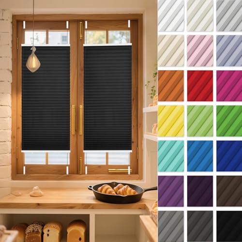 Estor Plisado sin Taladrar 55 x 45 cm Protección Visual y Protección Solar Plisadas Opaca Térmico Estor Plegable con Soportes de Sujeción para Ventanas y Puertas, Negro