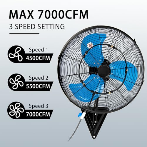 Image of AZOUTDOOR 20 inch Misting Wall Mount Fan, 7000 CFM High Velocity Industrial Wall Fan with 3-Speed Setting, 120 Oscillating Mounted Fans for Warehouse, Warehouse, Workshop, Garage, Patios, Commercial Use