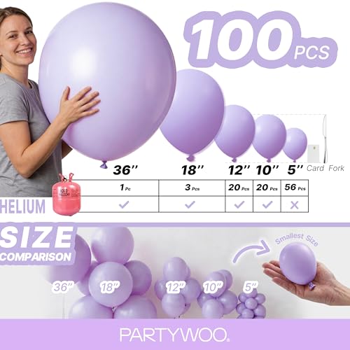 Image of PartyWoo Pastel Purple Balloons 100 pcs Different Sizes Pack of 36 18 12 10 5 Inch Light Pastel Purple Lavender Lilac Balloon Arch Kit Garland for Baby Shower Birthday Party Decorations Purple-Q10