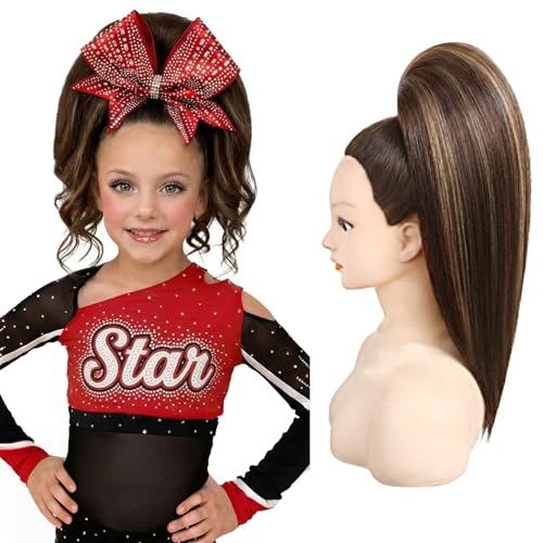 SEIKEA Cheer Ponytail Hair Piece 100% Real Human Hair 16 Straight Cheerleader Hairpiece Smooth Natural Healthy Reusable Ponytail Extension for Competition Dance & Stage Brown with Blonde Highlights