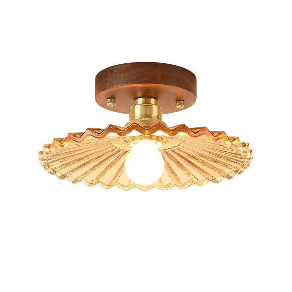 MESOVFCA Retro 7.9-Inch Semi Flush Mount Ceiling Light, Pleated Amber Glass Shade Mid Century Modern Close to Ceiling Lamp, Wood Base Brass Fixture for Hallway Entrance Porch Bar E26