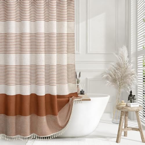 XOGUIBO Fall Shower Curtain Boho Linen Striped Shower Curtains for Bathroom with Tassel 72 X 72 Orange