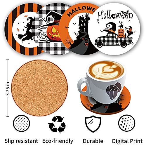 Creatrill Halloween Spooky Pillow Cover 18 X 18 Set Of 4 With 4 Bonus Coasters, Buffalo Check Pumpkin Scarecrow Truck Witch Castle Decorative Pillow Covers For Farmhouse Rustic Halloween Decor Indoor #TOP4