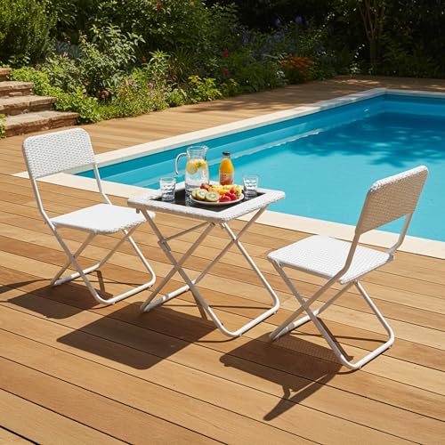 Image of DEVOKO Foldable 3-Piece Outdoor Patio Wicker Furniture Set with Glass Top Table, All-Weather HDPE Rattan, Rustproof Metal Frame for Garden, Balcony & Lawn (White)