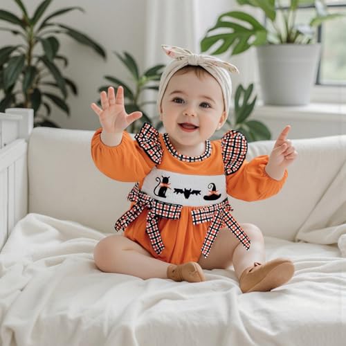 Bowanadacles Newborn Baby Girl Halloween Outfit Clothes Embroidery Smocked Romper Long Sleeve Bubble Bodysuit Top3