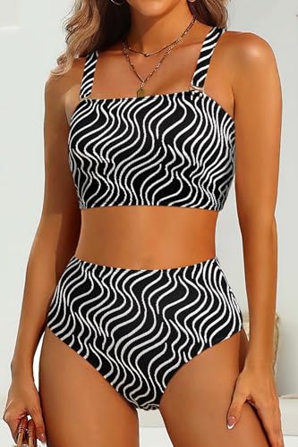 Image of High Waisted Bandeau Bikini Set - Women Strapless Two Piece Swimsuits Ribbed Longline Full Coverage Bathing Suits Swimwear