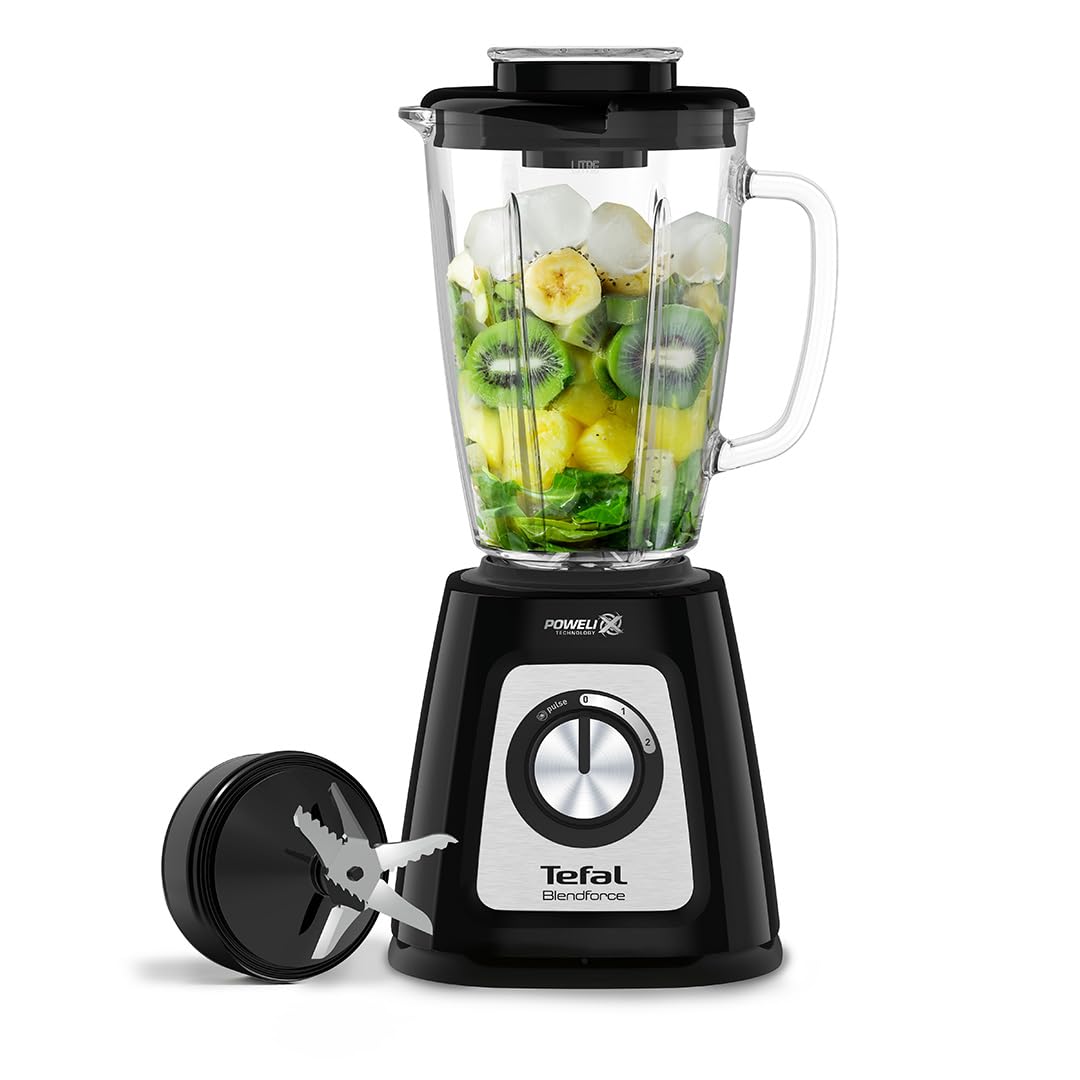 Tefal Blendforce II Blender, 2L Glass Jug, 1.25L Effective Capacity, 800W, 4 Removable Powelix Blades, Smoothie Maker, Ice Crush, 2 Speeds + Pulse Kitchen Blender, Black, BL435840