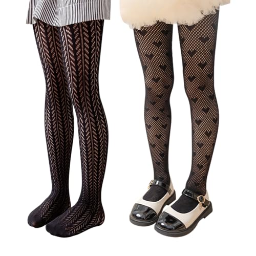 2 Pairs Heart Print Stockings Patterned Fishnet Stockings Long Sheer Stockings Girls Fishnet Tights Cute Mesh Socks Kids Black Tights