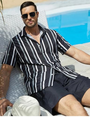 Image of Yimoon Men's Summer 2 Piece Outfits Tropical Print Short Sleeve Button Down Hawaiian Beach Shirt and Shorts Set