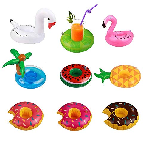 Preisvergleich Produktbild Gwill Aufblasbare Getränkehalter 9 Stücke Aufblasen Schwimm Untersetzer Getränkehalter Obst Donuts Flamingo Schwan Aufblasbare Pool Schwimmt für Party Wasser Spaß Kinder Badespielzeug