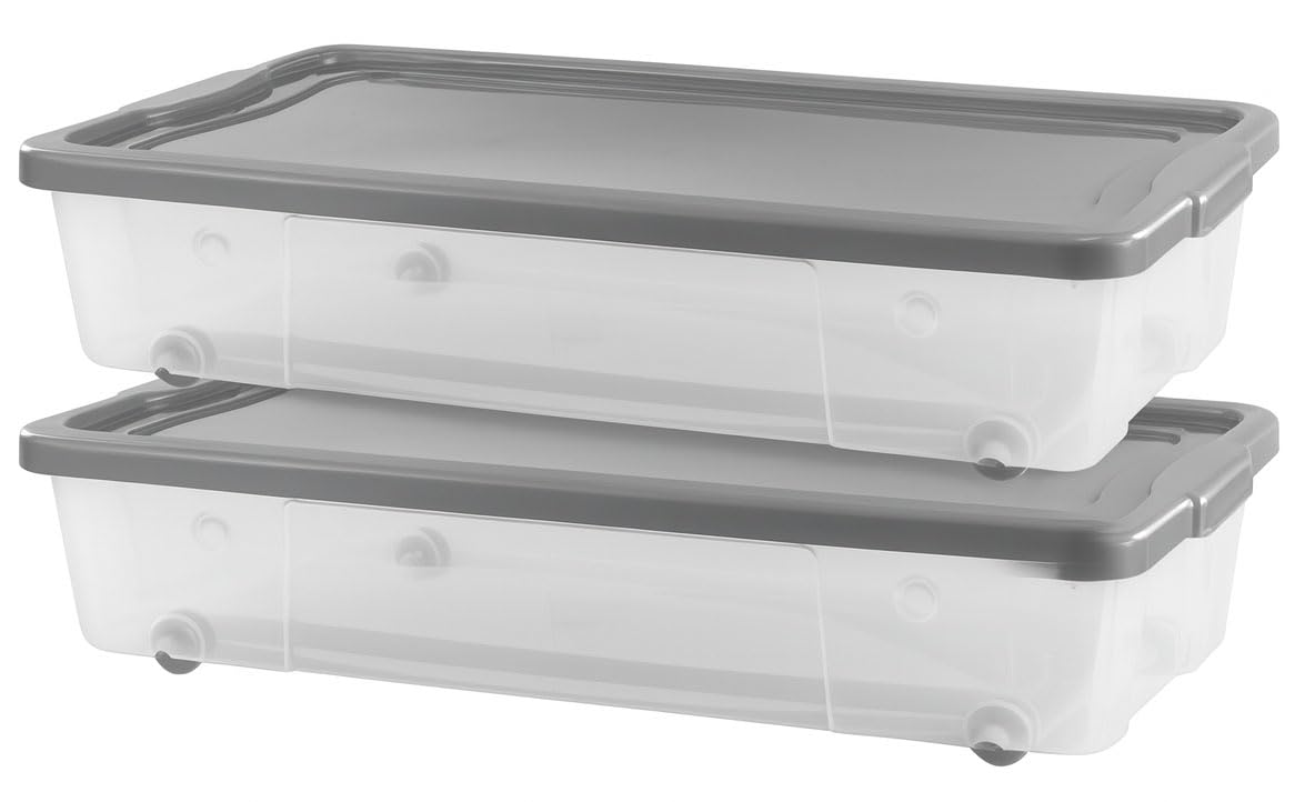 Muddy Hands Pack of 2-47 Litre Under Bed Plastic Storage Boxes with Lids – Clear Wheeled Storage Containers for Bedroom, Home & Office – Stackable & Space Saving