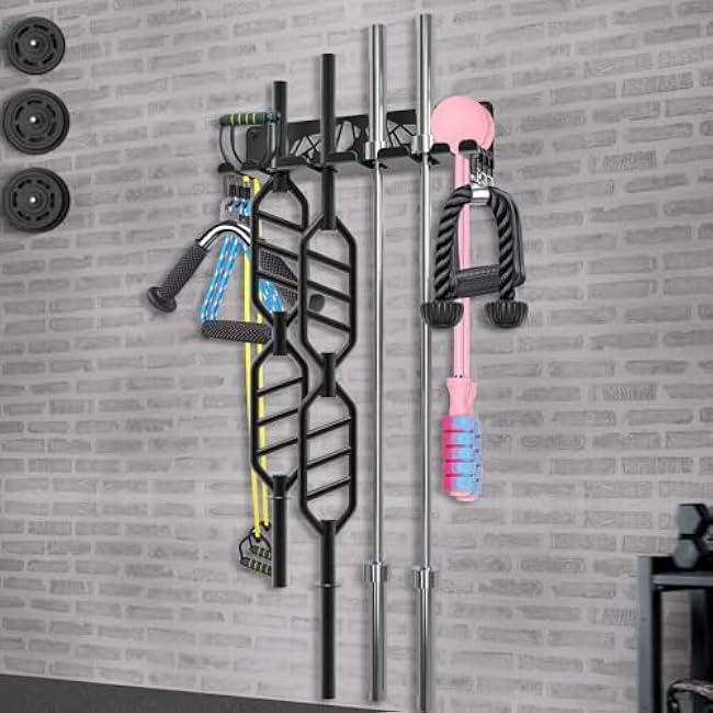 Kipika Versatile Wall Mounted Barbell Holder with Hooks Storage Rack for Barbell Bars Holds Under 33mm Bar Size and Fitness Accessories Space-Efficient Gym Organization for Home & Commercial Use