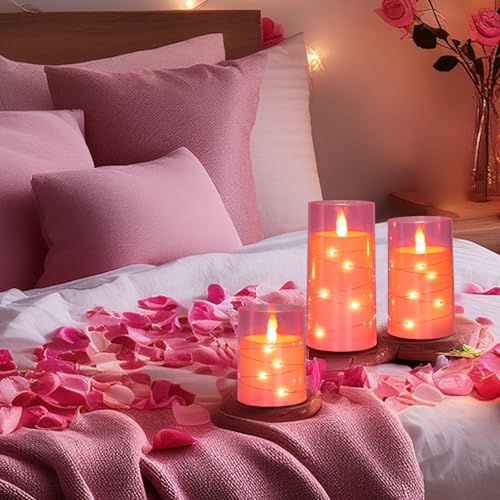 Image of Aignis Flickering Flameless Candles Battery Operated Candles LED Candles with Remote Timer for Home /Wedding /Birthday /Holiday Decor, Cherry Blossom Pink 3D Flame Set of 3 (D3 xH4 5 inch 6 inch)