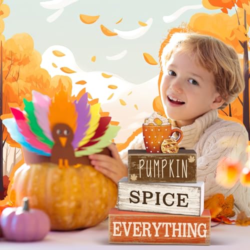 Image of Moucuny 4 Pcs Thanksgiving Decorations for Home Fall Cup Decor Thanksgiving Table Centerpiece Fall Tiered Tray Decor Rustic Wooden Cup Block Sign Gift Farmhouse for Harvest Party Home Kitchen