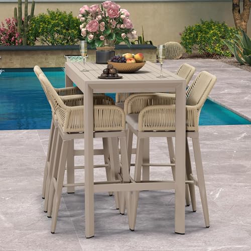 Image of PURPLE LEAF Outdoor Bar Stools Set of 4 All-Weather PE Rattan, Champagne