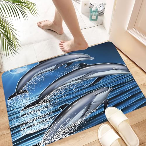 HYOSXW Tapis Microfibre Extra Doux,Tapis Salle de Bain Antidérapant et Lavable en Machine,Tapis de Douche Absorbant l'eau,Fond d'eau avec Dauphin....