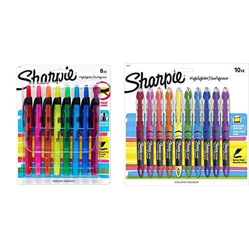 Sharpie Liquid Retractable Highlighters Assorted Colors, Chisel Tip Highlighter Pens, 8 Count & Liquid Highlighters Assorted Colors, Chisel Tip Highlighter Pens, 10 Count