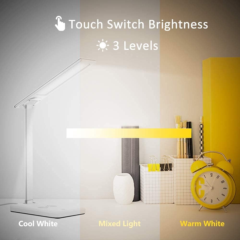 LED Desk Lamp with Wireless Charger,3 Modes 6 Brightness Dimmable Office & Study Desk Lamp with USB Charging Port,Touch Sensor Desk Lamp for College Dorm Room,Study,Work,Home,Office - - 