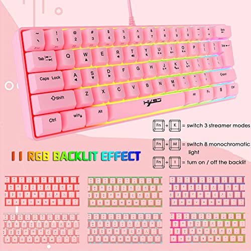 Image of HXSJ V700 Wired Gaming Keyboard RGB Streamer 61-key Gaming Keyboard for Game /Office Black (Pink)