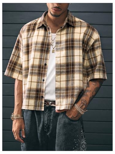 Men's Cropped Plaid Number Graphic Button Down Shirts Short Sleeve Retro Preppy Crop Tops2