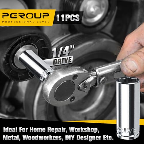 Image of 1 /4 inch Drive SAE Socket Set, 11PCS Deep Hex Socket Set (3 /16 inch-9 /16 inch), Cover Most Commonly Sizes, Chrome Vanadium Steel with 3 /8 inchF to 1 /4 inchM Socket Adapter