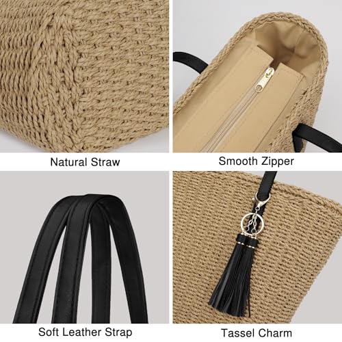 Image of Womens Large Straw Tote Bag Handmade Woven Shoulder Handbag Summer Beach Purse with Tassel