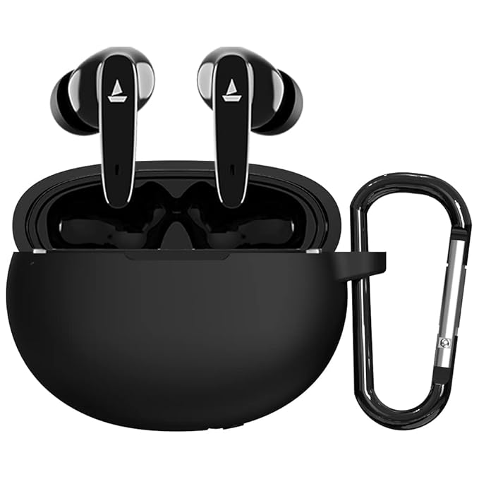 Sounce Earphone Case Cover for Boat Airdopes 181, Soft Silicone Skin Case Cover Shock-Absorbing Protective Case with Keychain [Front LED Visible] - Black