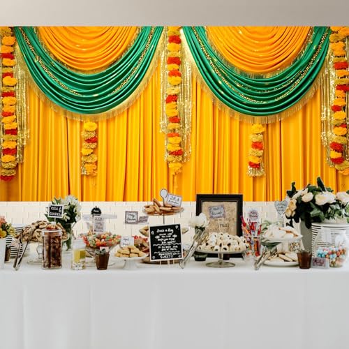 Image of 20x10ft Indian Traditional Backdrop Photography Yellow Green Curtain Wreath Photography Background Indian Festival Decors Wedding Banner Bridal Shower Decors for Couple Bride Studio Props