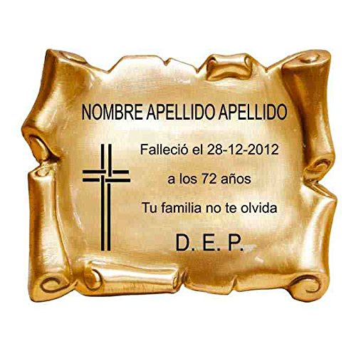 Trofeos Cadenas | Placa Grabada para Cementerio | Pergamino con Relieve y diseño Cruz | Placa Conmemorativa de Latón con Acabado en Bronce | Tamaño 20 x 15 cm